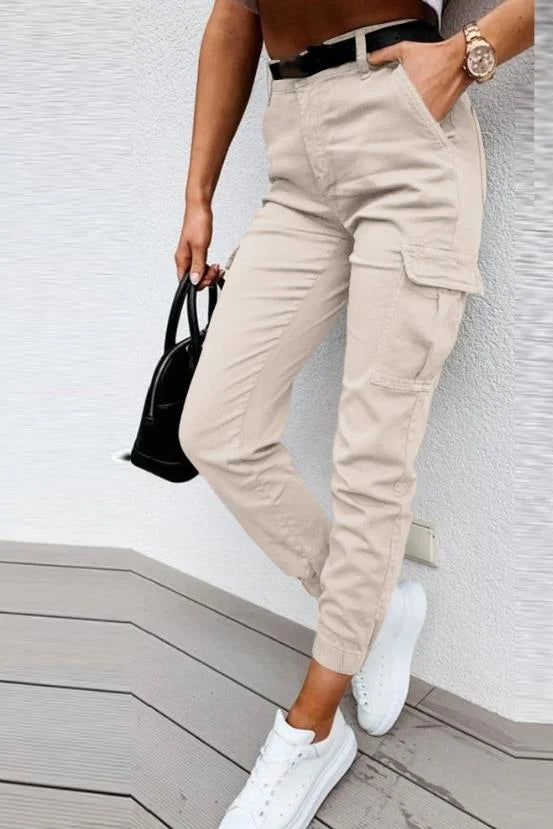 Dames Cargo Broek Slim Fit met Hoge Taille en Elastische Enkelboord