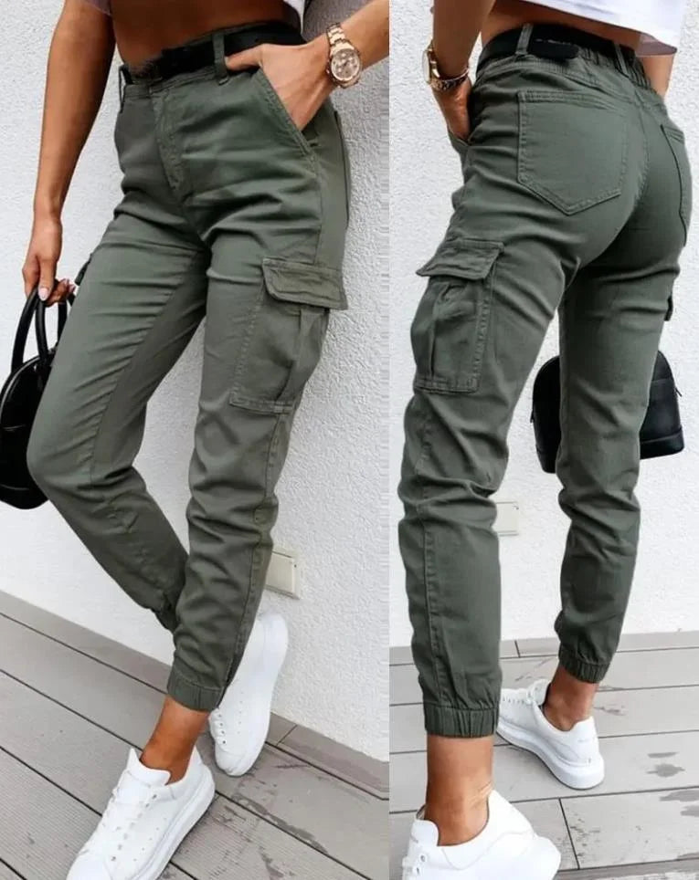 Dames Cargo Broek Slim Fit met Hoge Taille en Elastische Enkelboord