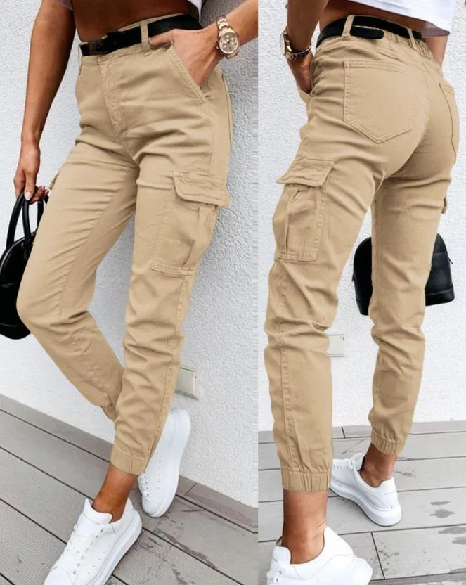 Dames Cargo Broek Slim Fit met Hoge Taille en Elastische Enkelboord