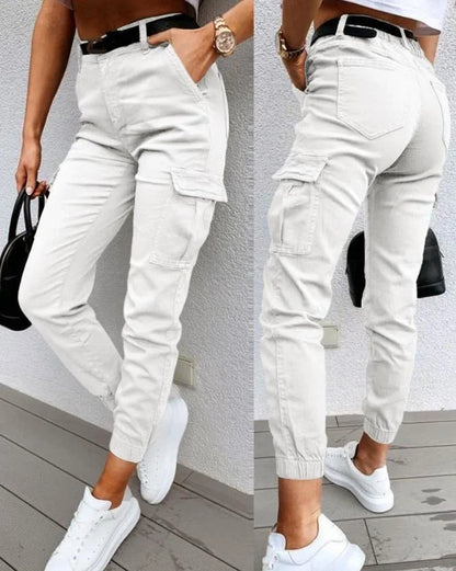 Dames Cargo Broek Slim Fit met Hoge Taille en Elastische Enkelboord