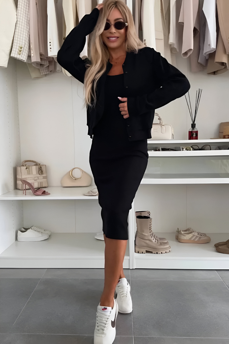 Dames Chique Co-ord Set Midi Jurk met Vest Zwart