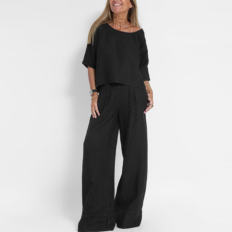 Dames Clothing Set Oversized Top met Korte Mouw en Wijde Broek Zwart