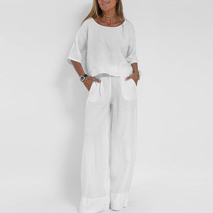 Dames Clothing Set Oversized Top met Korte Mouw en Wijde Broek Wit