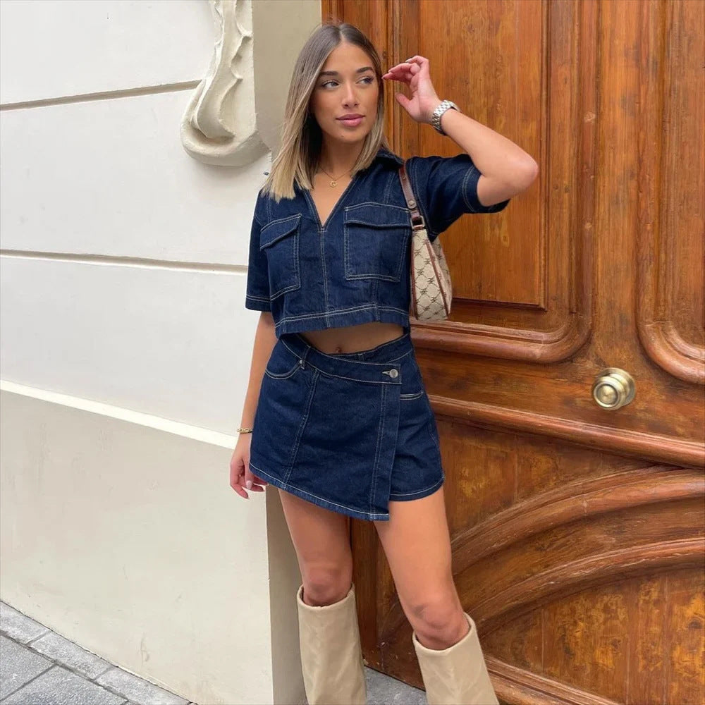 Dames Co-ord Set met V-hals Spijkerjasje en Rok Donkerblauw
