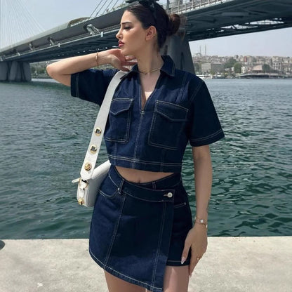 Dames Co-ord Set met V-hals Spijkerjasje en Rok