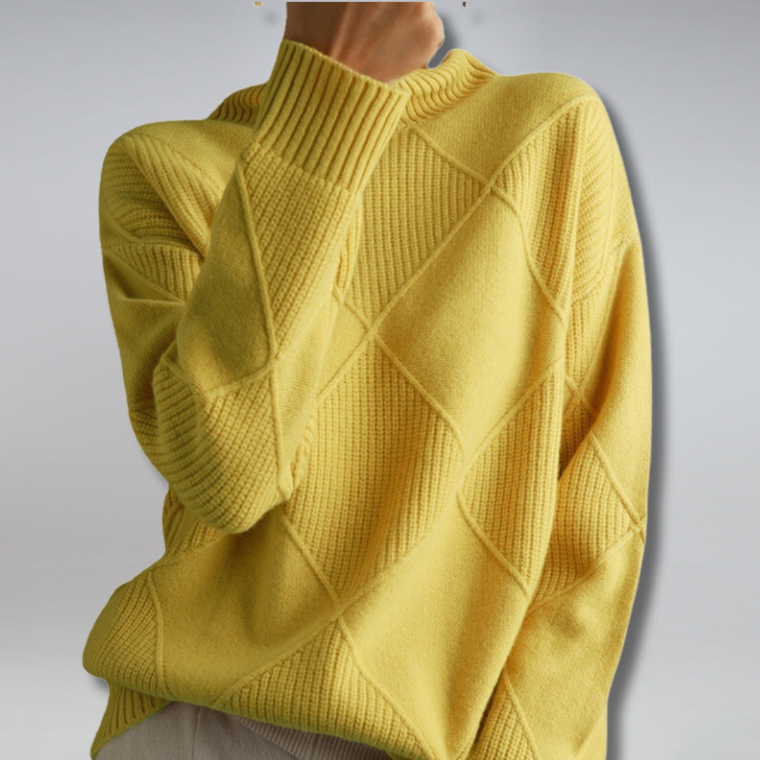 Dames Coltrui - Warme Gebreide Pullover met Ruitpatroon Geel