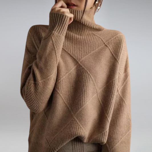 Dames Coltrui - Warme Gebreide Pullover met Ruitpatroon Bruin