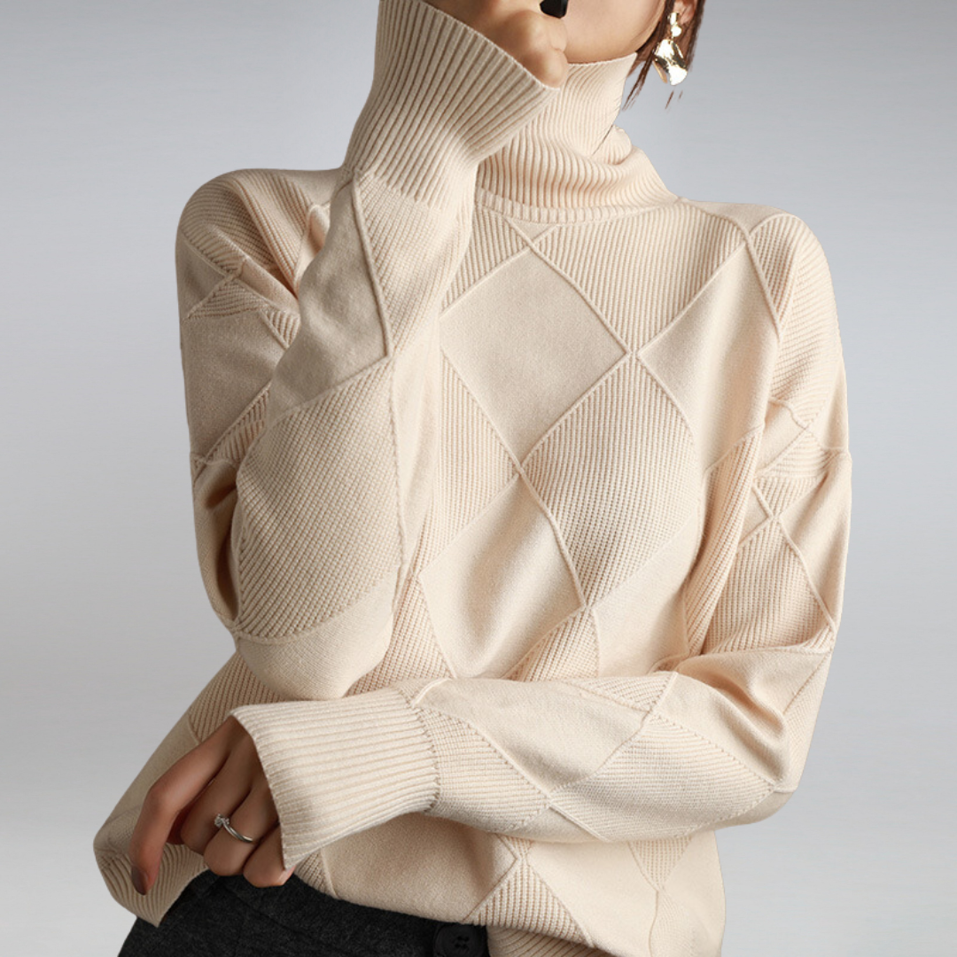 Dames Coltrui - Warme Gebreide Pullover met Ruitpatroon Beige