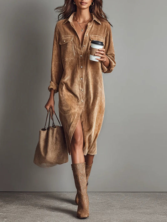 Dames Corduroy Blousejurk met Knoopsluiting en Borstzakken Bruin