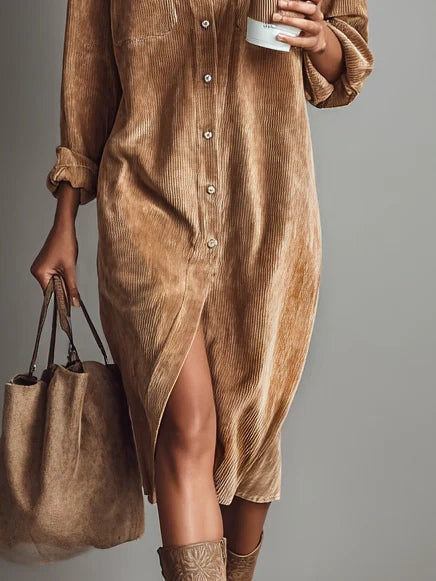 Dames Corduroy Blousejurk met Knoopsluiting en Borstzakken