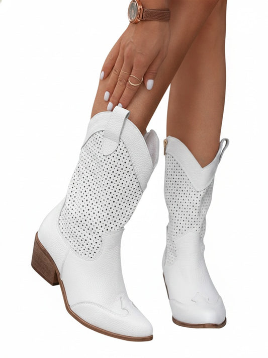 Dames Cowboy Boots met Perforatie en Blokhak