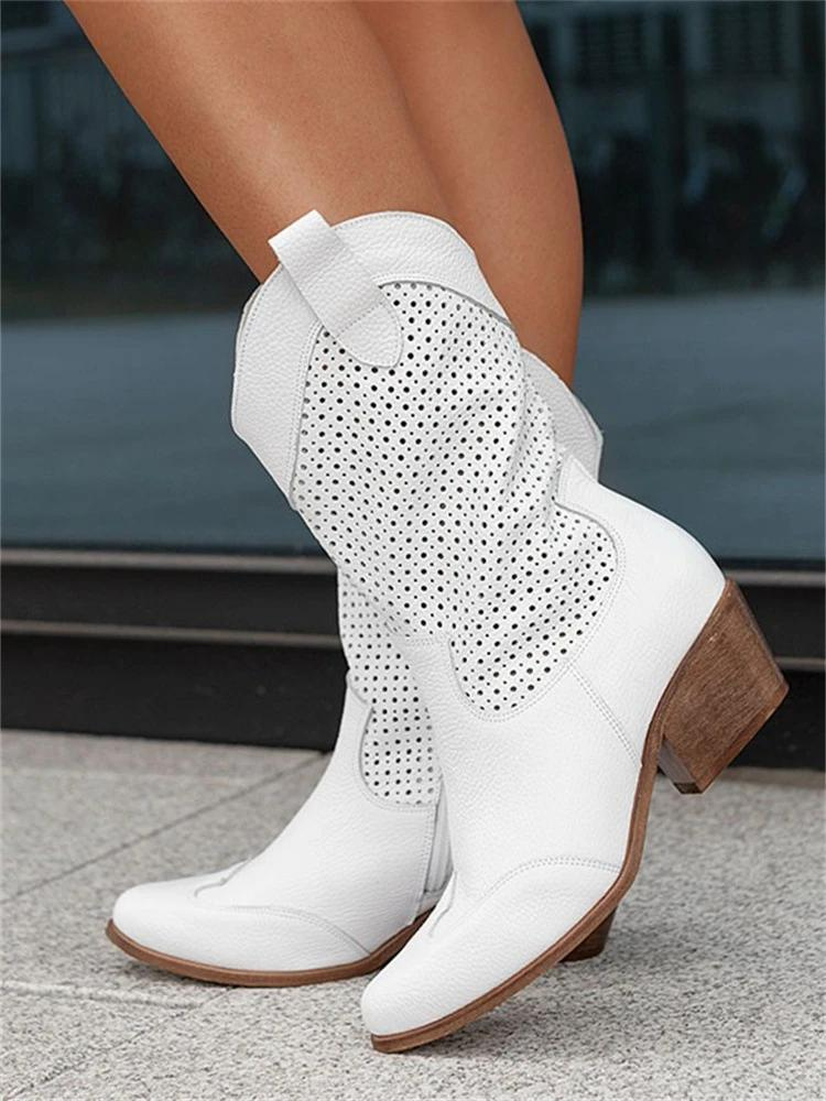 Dames Cowboy Boots met Perforatie en Blokhak