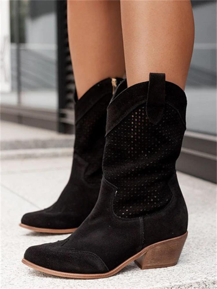 Dames Cowboy Boots met Perforatie en Blokhak