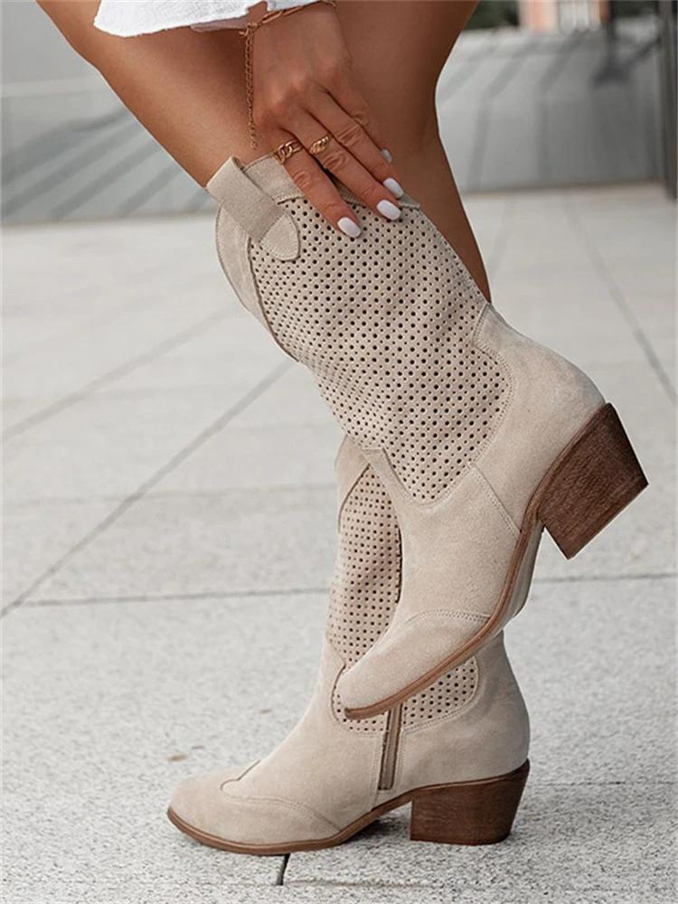 Dames Cowboy Boots met Perforatie en Blokhak