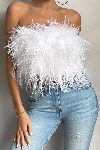 Dames Crop Top Mouwloos met Veren Detail Wit