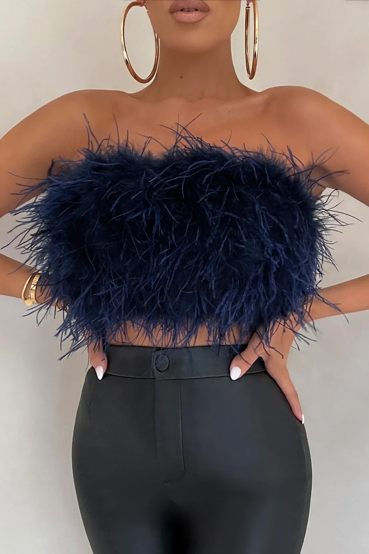 Dames Crop Top Mouwloos met Veren Detail Marineblauw