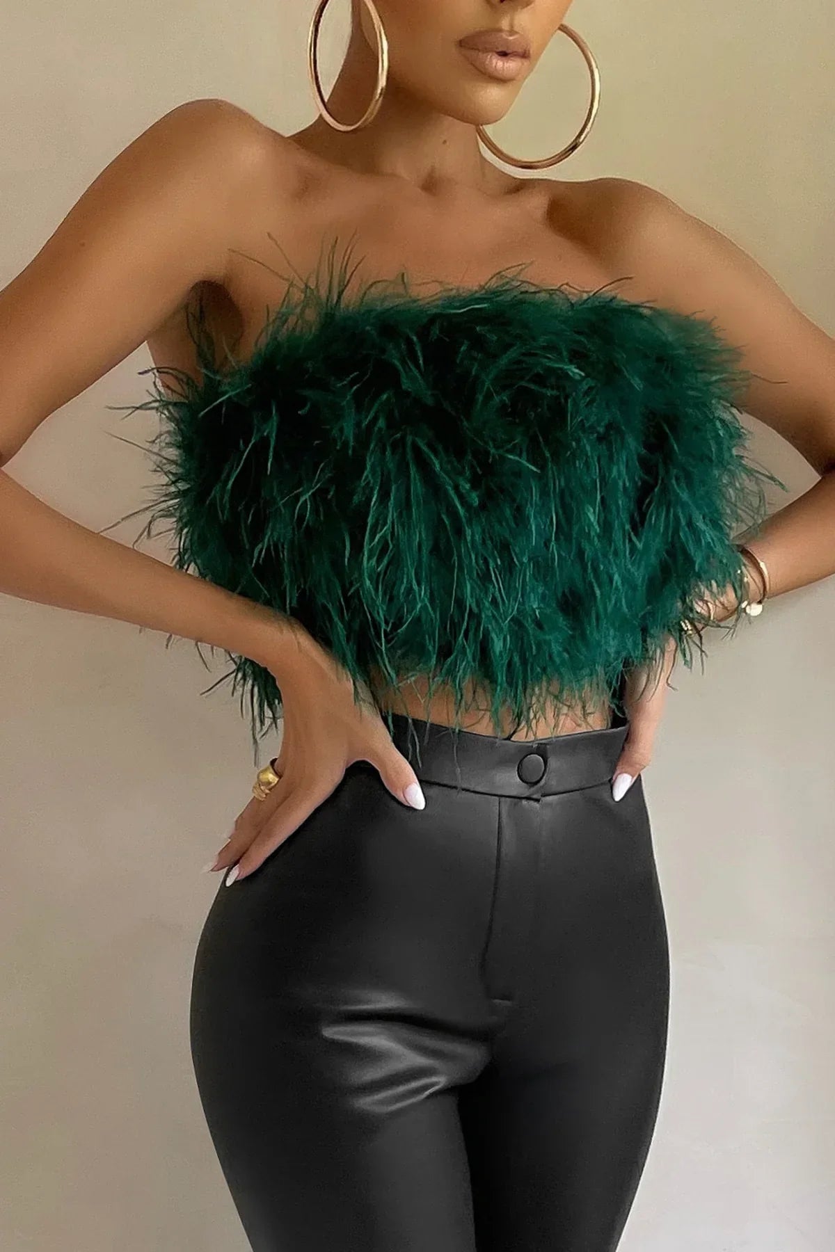 Dames Crop Top Mouwloos met Veren Detail Groen