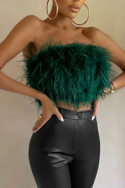 Dames Crop Top Mouwloos met Veren Detail Groen