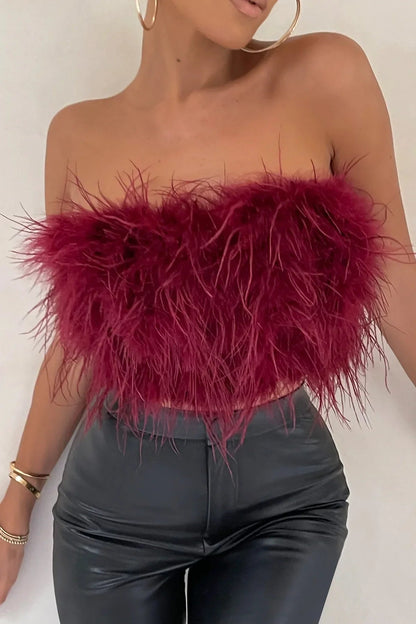 Dames Crop Top Mouwloos met Veren Detail Wijnrood