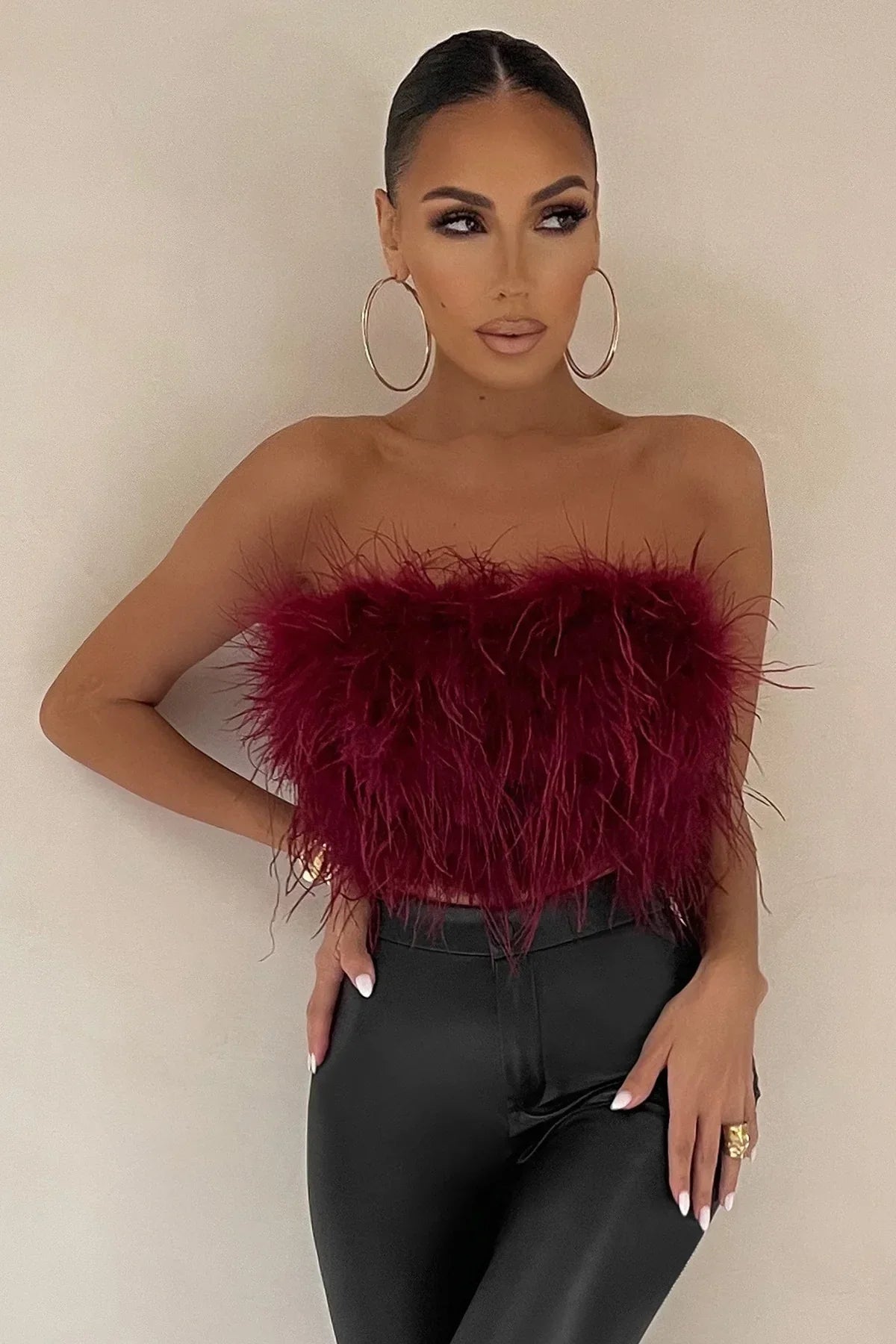 Dames Crop Top Mouwloos met Veren Detail