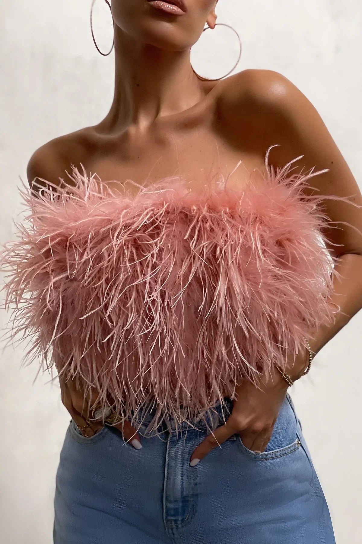 Dames Crop Top Mouwloos met Veren Detail Roze