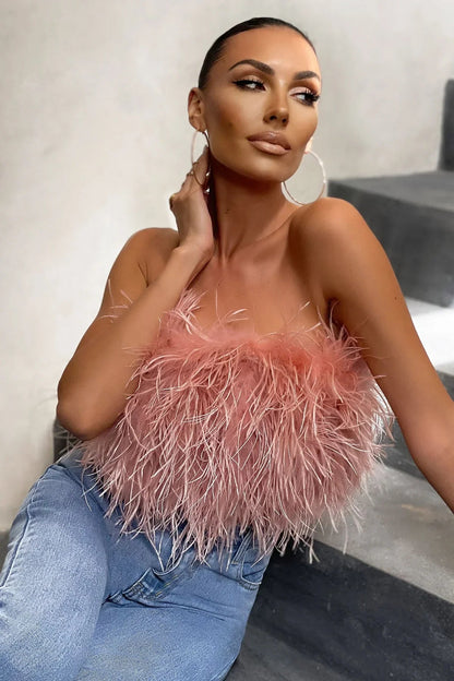 Dames Crop Top Mouwloos met Veren Detail