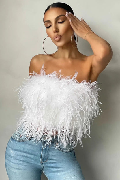 Dames Crop Top Mouwloos met Veren Detail
