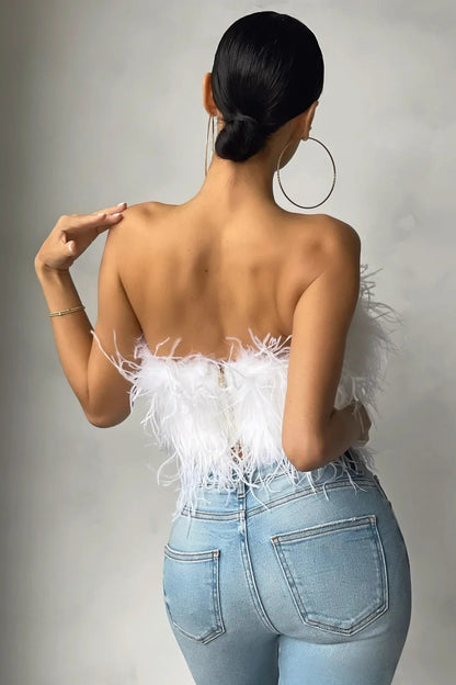 Dames Crop Top Mouwloos met Veren Detail