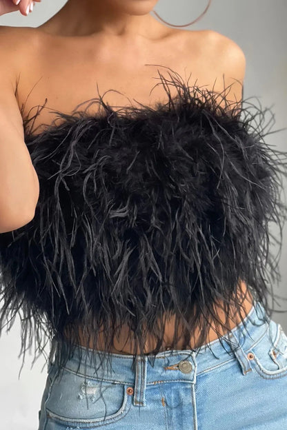 Dames Crop Top Mouwloos met Veren Detail Zwart