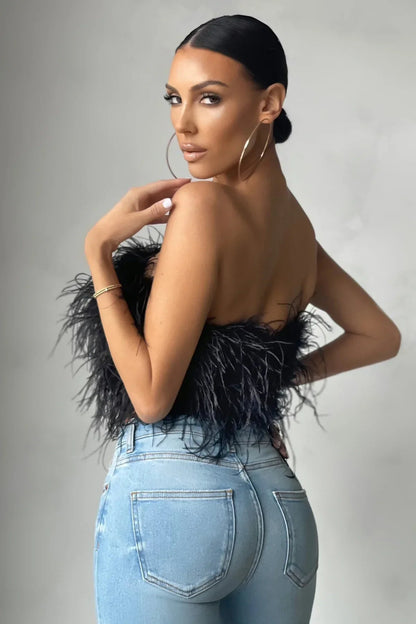 Dames Crop Top Mouwloos met Veren Detail