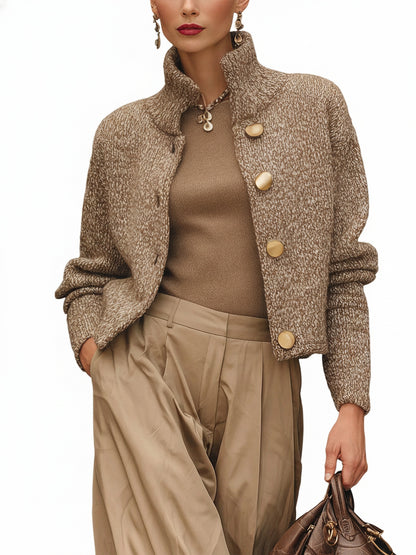 Dames Cropped Cardigan met Staande Kraag en Gouden Knopen