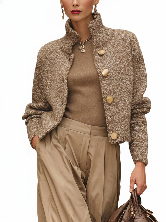 Dames Cropped Cardigan met Staande Kraag en Gouden Knopen