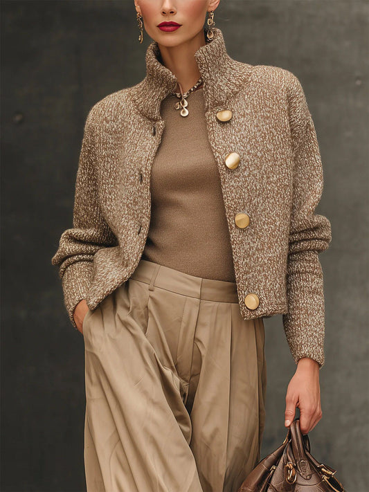 Dames Cropped Cardigan met Staande Kraag en Gouden Knopen