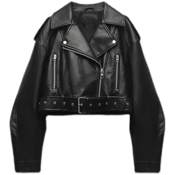 Dames Cropped Faux Leather Jacket met Riem en Oversized Revers