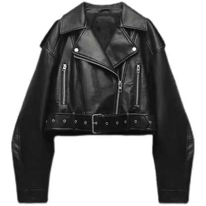 Dames Cropped Faux Leather Jacket met Riem en Oversized Revers