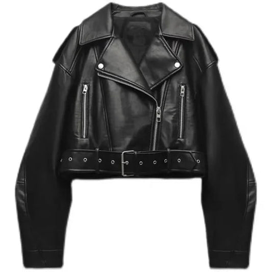Dames Cropped Faux Leather Jacket met Riem en Oversized Revers