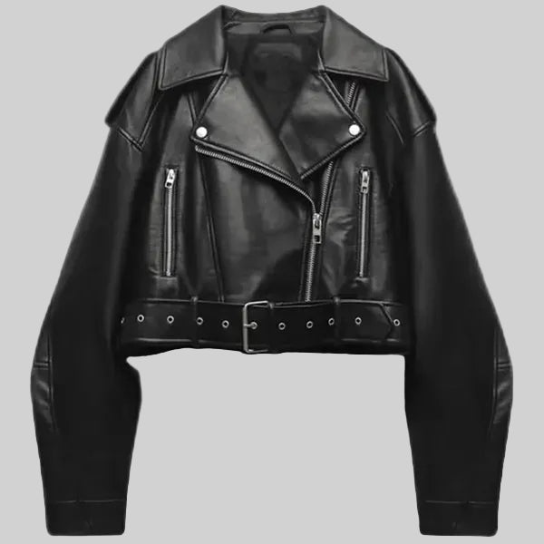 Dames Cropped Faux Leather Jacket met Riem en Oversized Revers