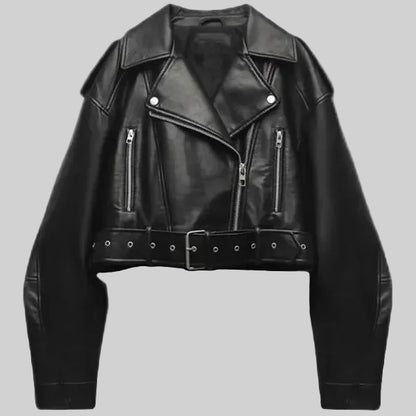Dames Cropped Faux Leather Jacket met Riem en Oversized Revers