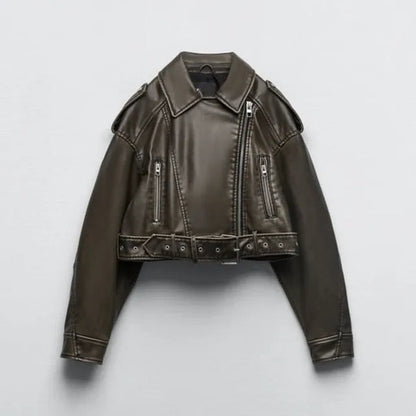 Dames Cropped Faux Leather Jacket met Riem en Oversized Revers