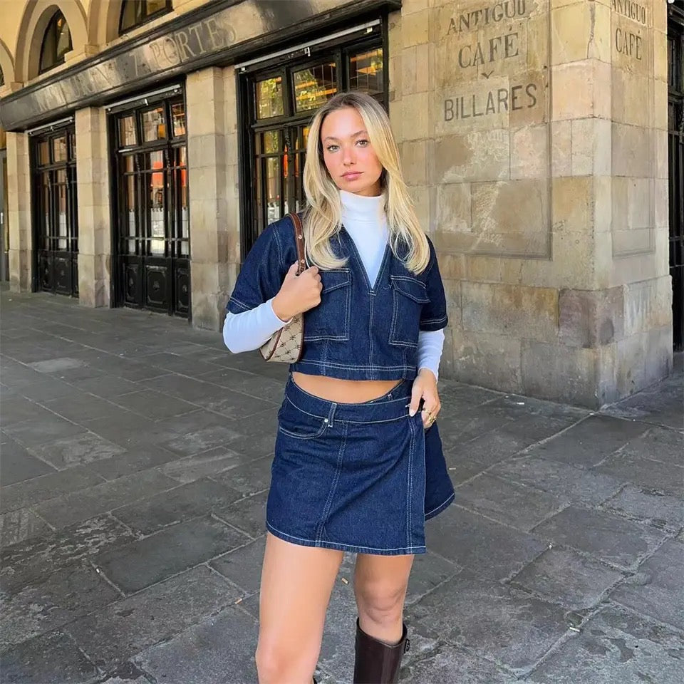 Dames Denim Co-ord Set met Top en Rokbroekje
