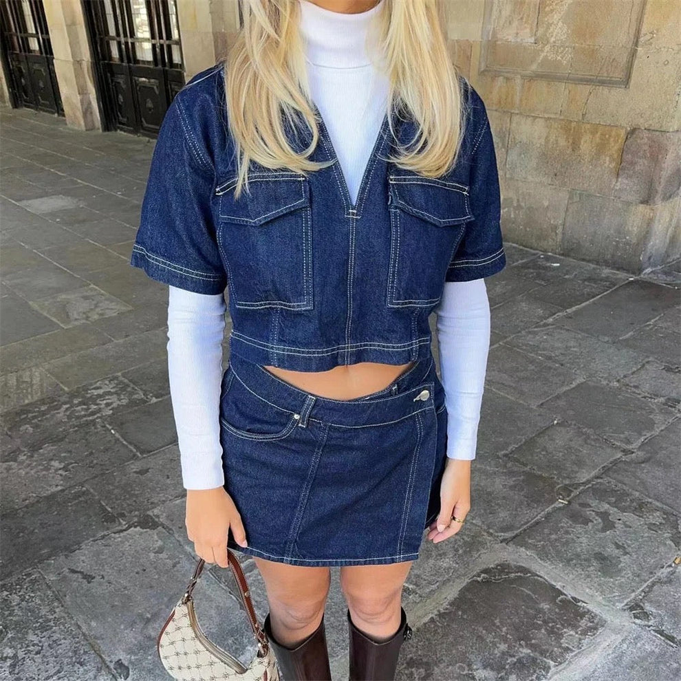Dames Denim Co-ord Set met Top en Rokbroekje