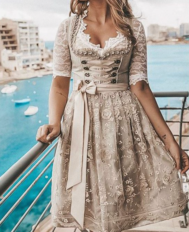 Dames Dirndl Jurk met Kanten Mouwen en Strikceintuur