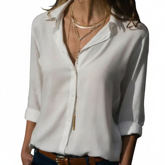 Dames Doorknoopblouse met Open V-hals en Ruime Pasvorm