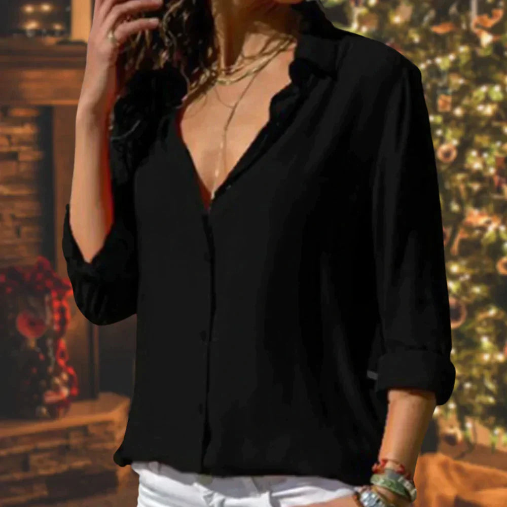 Dames Doorknoopblouse met Open V-hals en Ruime Pasvorm