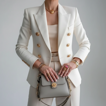 Dames Double Breasted Blazer met Gouden Knopen en Notch Revers