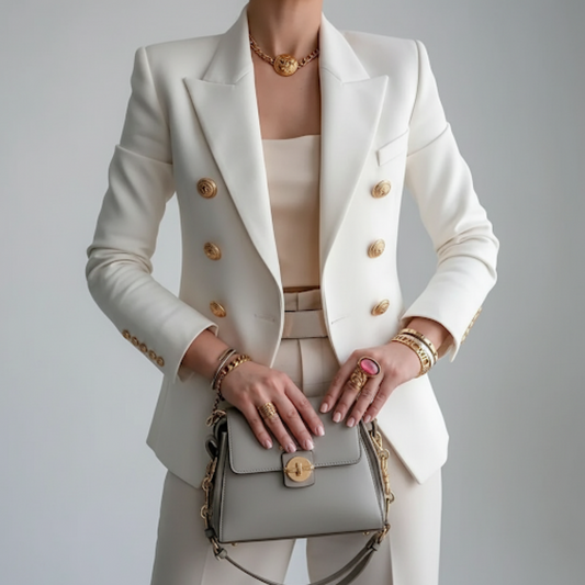 Dames Double Breasted Blazer met Gouden Knopen en Notch Revers