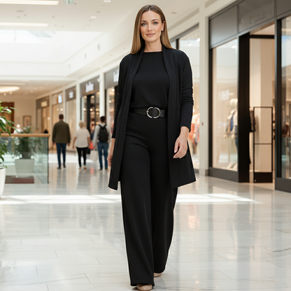 Dames Driedelig Pak met Lang Vest en Wijde Broek Zwart
