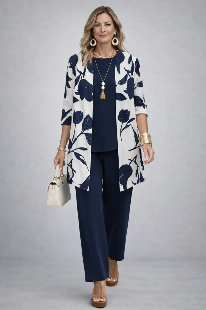 Dames Driedelig Set met Longline Cardigan en Wijde Broek