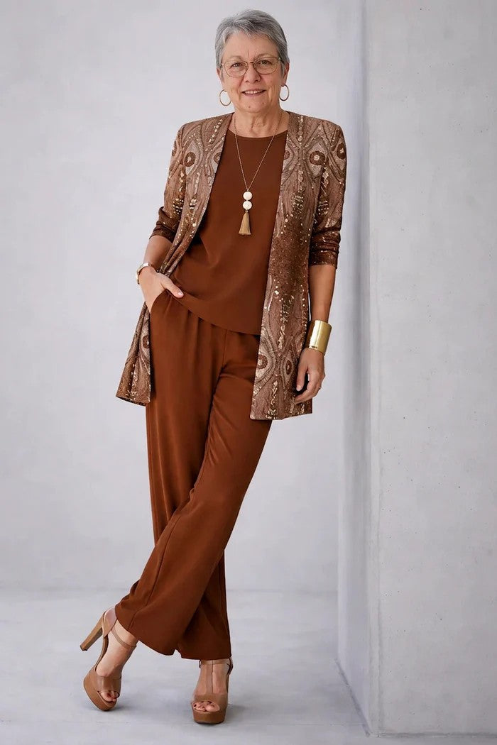 Dames Driedelig Set met Longline Cardigan en Wijde Broek