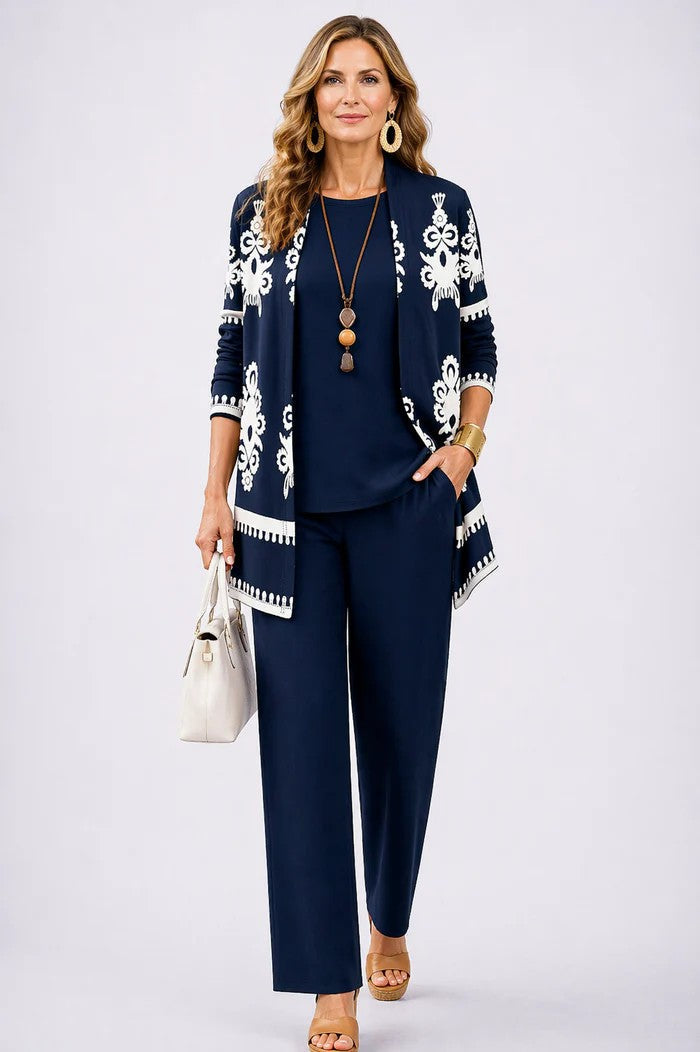 Dames Driedelig Set met Longline Cardigan en Wijde Broek